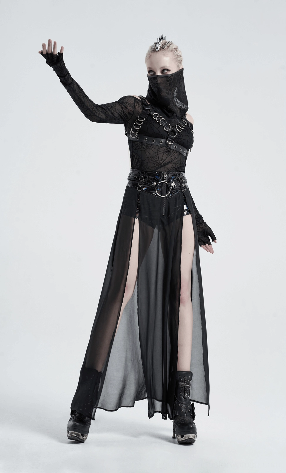 Black gothic half skirt with chiffon overlay - complete outfit styling view