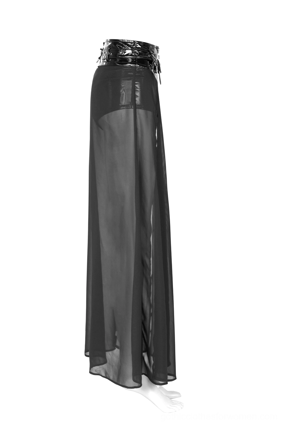 Black gothic half skirt with leather waist belt - side silhouette showing drape