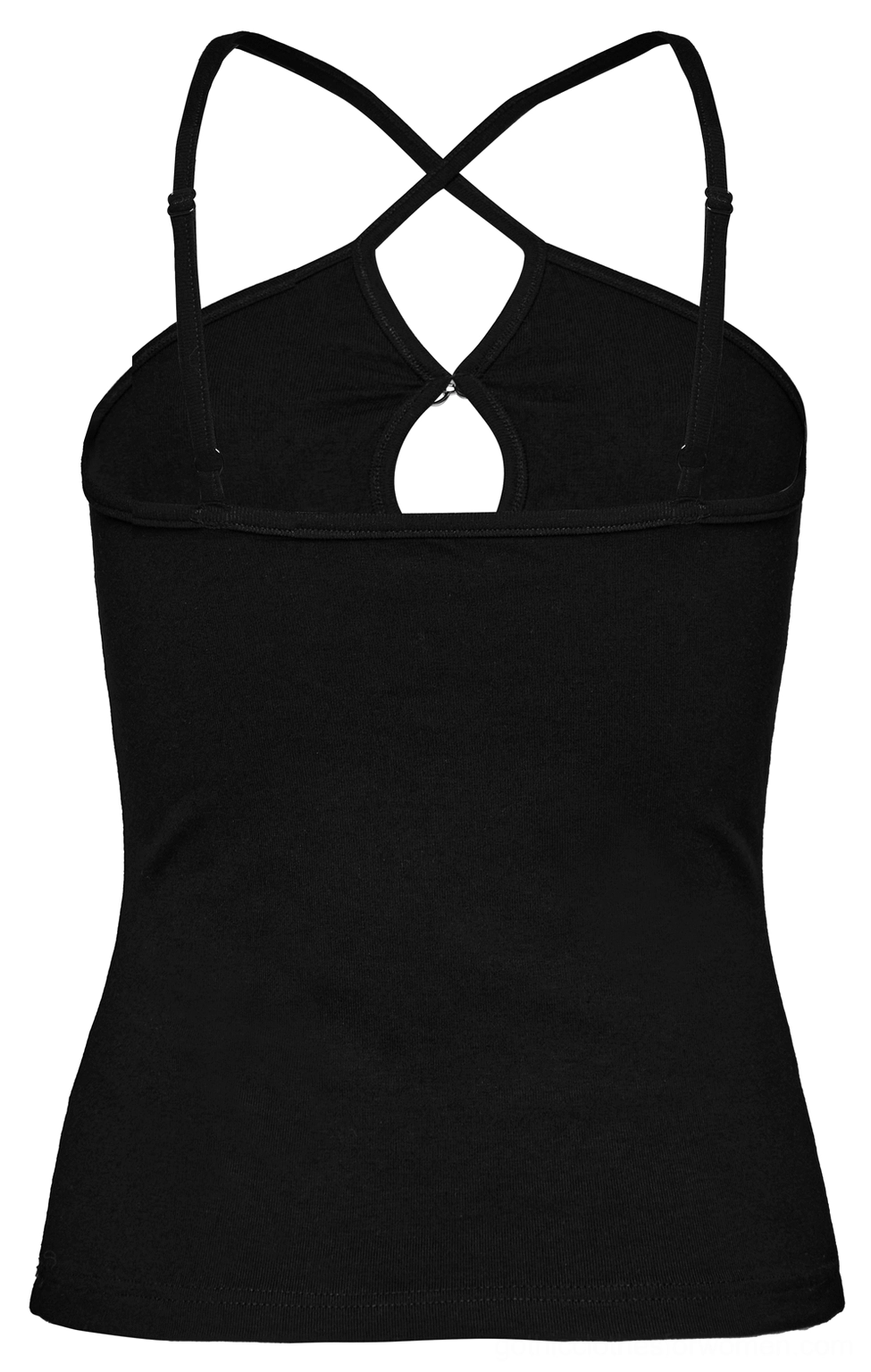 Black gothic halter camisole back flat lay displaying rear keyhole cutout and cross straps