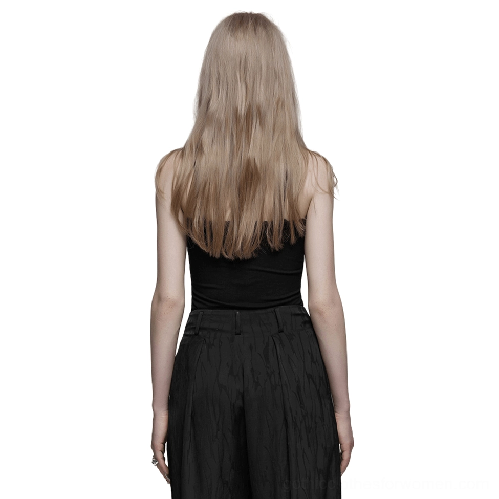 Black gothic halter cami back view showing cross straps and rear keyhole detail