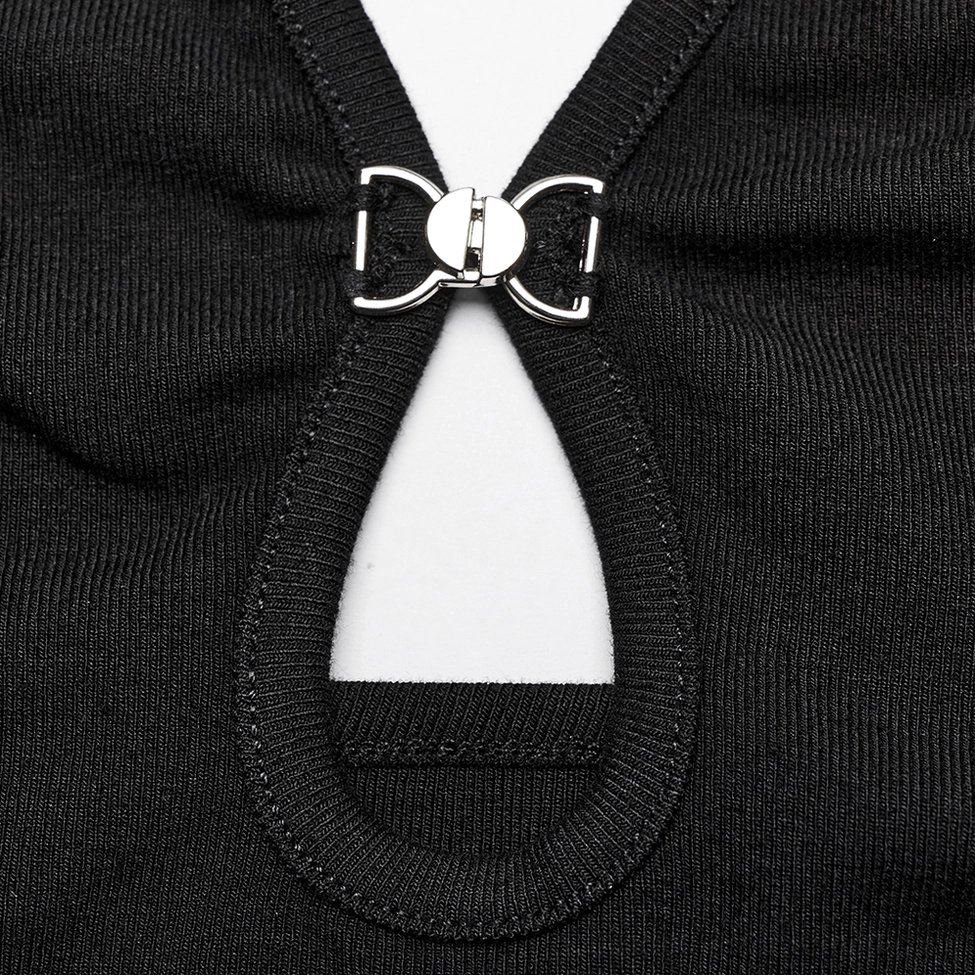 Black gothic halter cami close-up detail shot of silver metal buckle and ribbed knit fabric