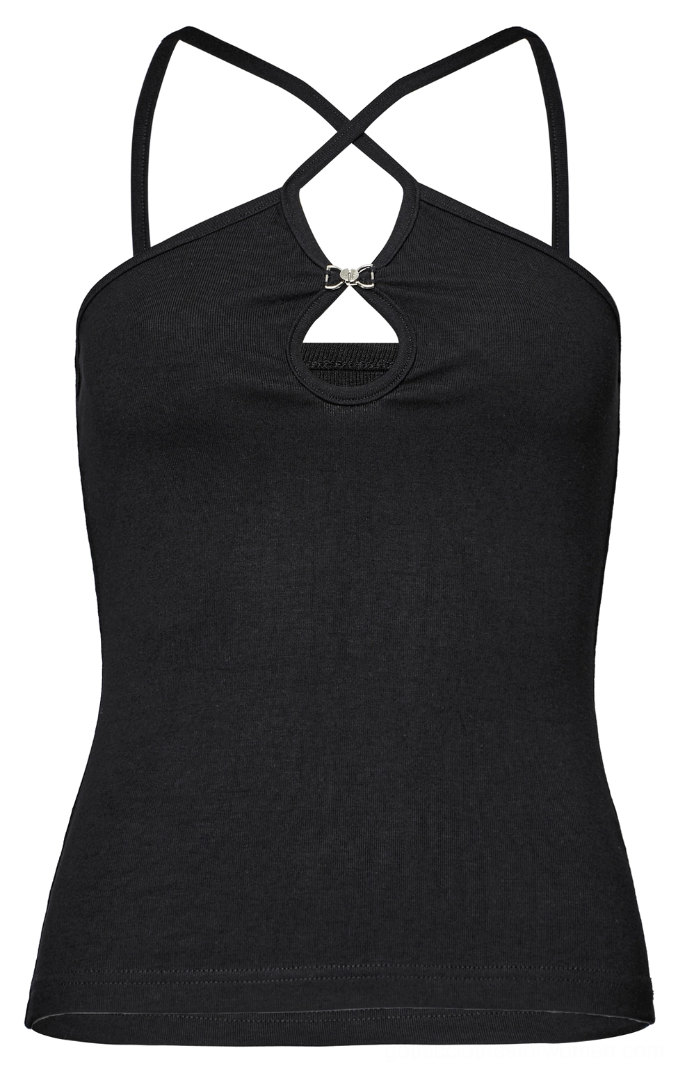 Black gothic halter cami flat lay showing smooth stretch viscose fabric and tailored cut