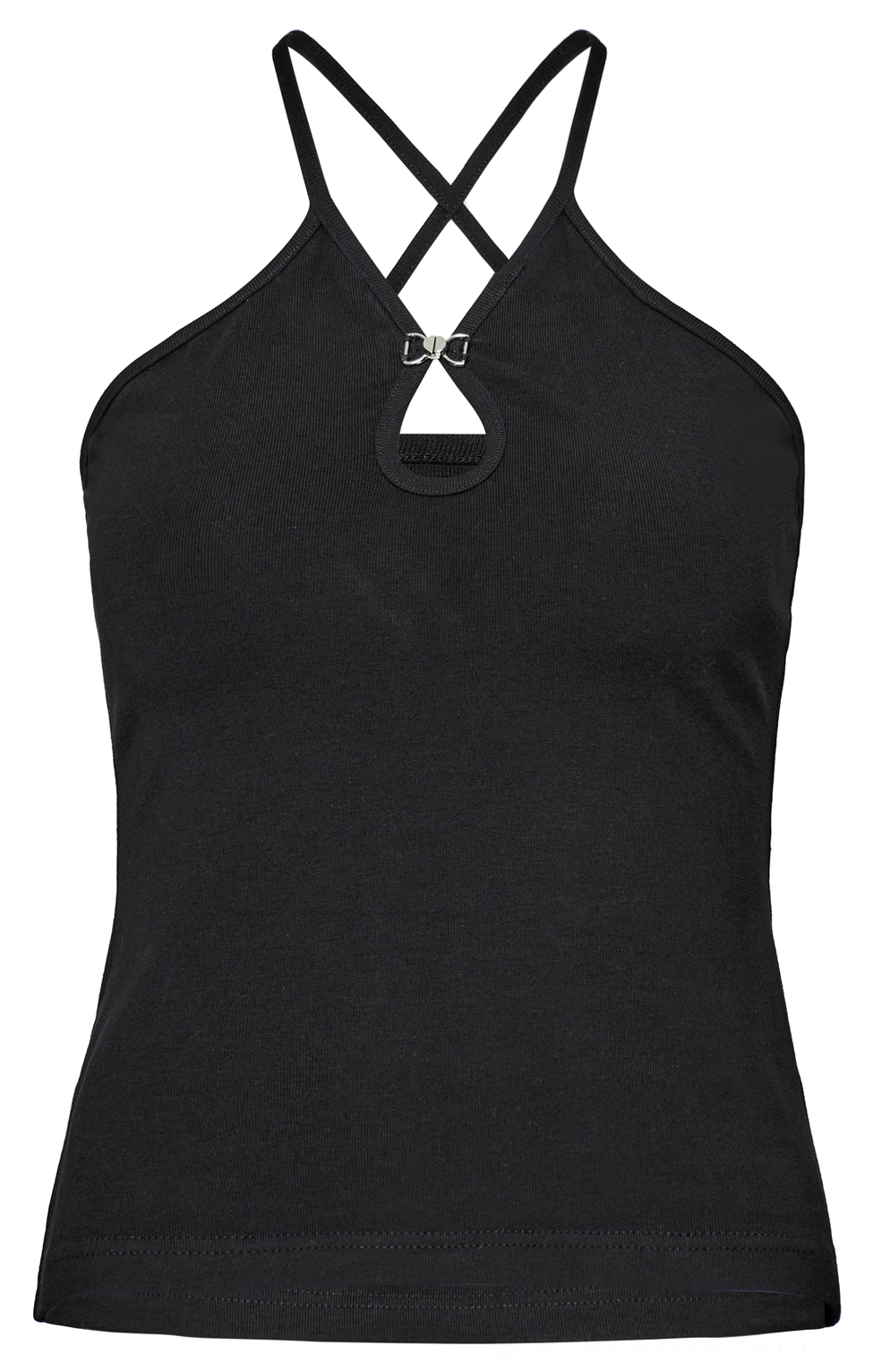 Black gothic halter camisole front flat lay with silver metal buckle detail visible