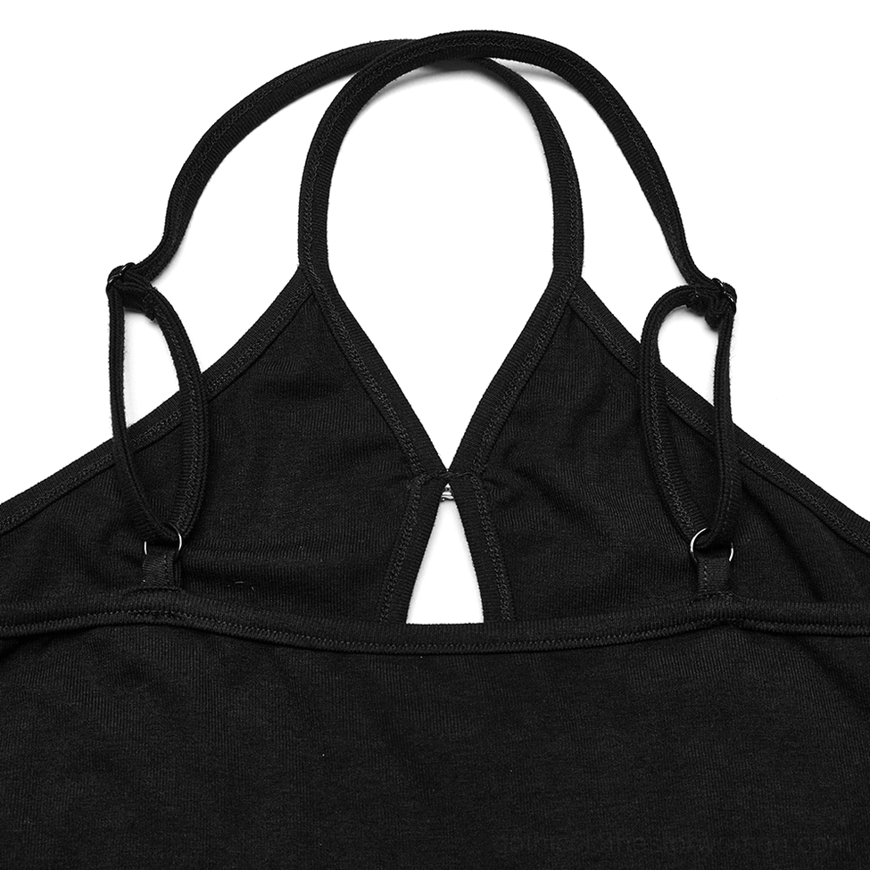 Black gothic halter camisole close-up of halter strap hardware and front keyhole opening
