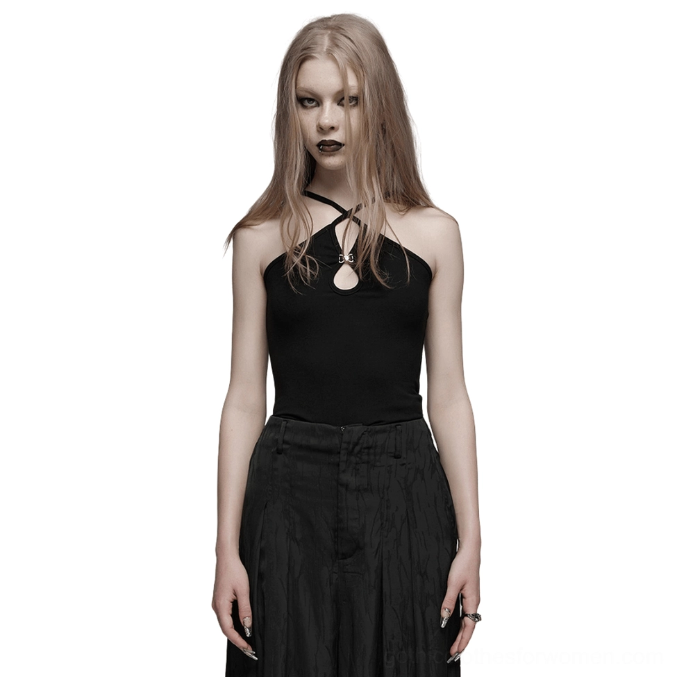 Black gothic halter camisole with metal buckle keyhole cutout, front view on model