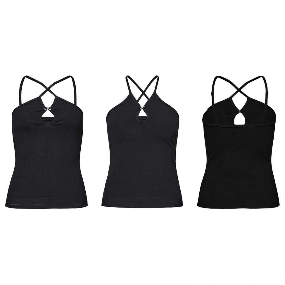 Black gothic halter camisole flat lay multi-angle showing fit and metal buckle hardware