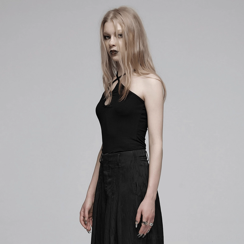 Black gothic halter cami on model showing how metal buckle cutout frames the neckline