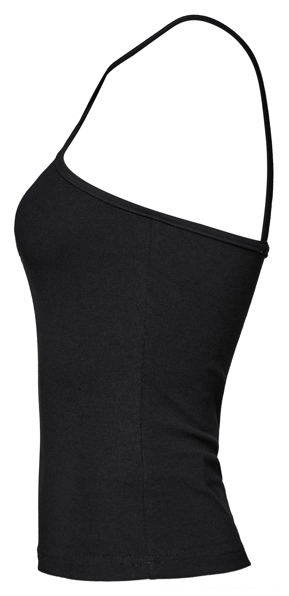 Black gothic halter cami side view flat lay showing bodycon slim fit silhouette