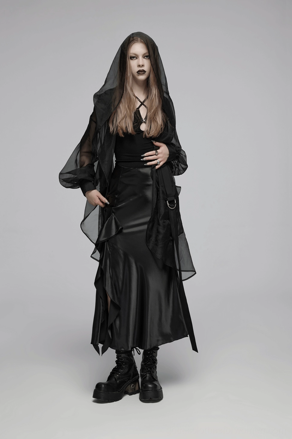 Black gothic halter camisole three-quarter view highlighting both front and side lines