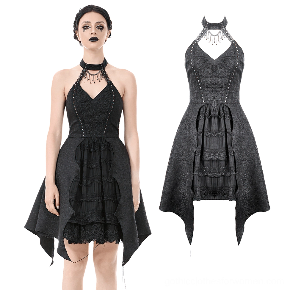 Black gothic halter corset dress with beaded trim and asymmetrical handkerchief hem, flat lay front view