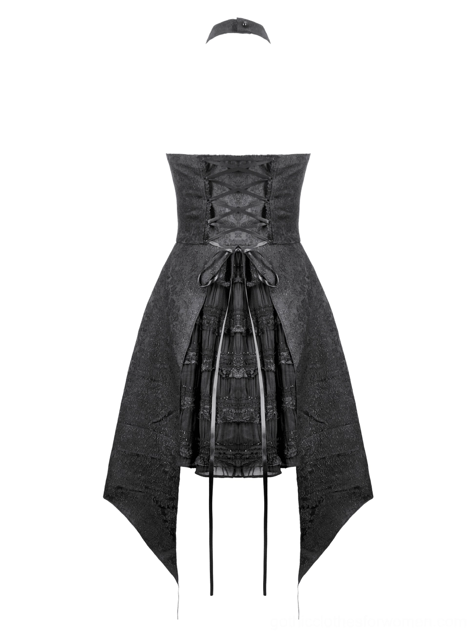 Black gothic halter corset dress back view with lace-up closure and drawstring detailing, flat lay