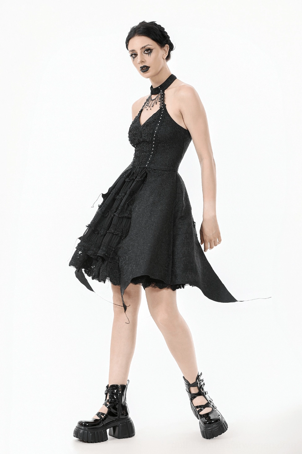 Black gothic halter corset dress full-body flat lay showing complete garment proportions and design