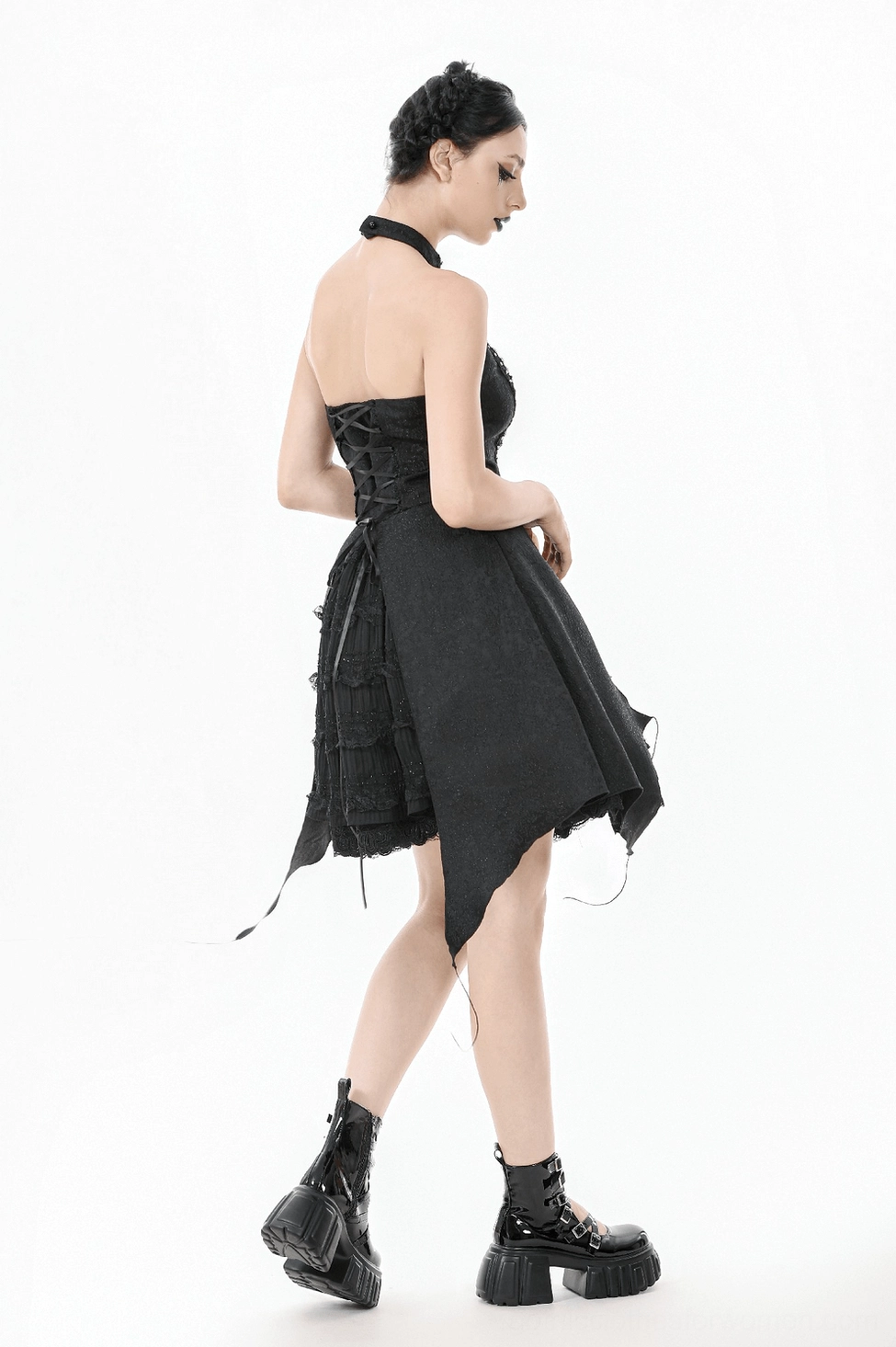 Black gothic halter corset dress full-length view with complete styling from footwear to neckline