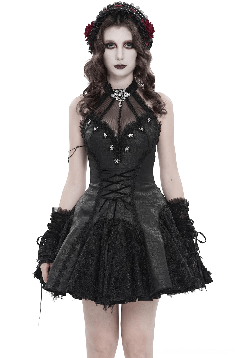 Black gothic halter corset mini dress with lace trim and star embellishments, front view on model