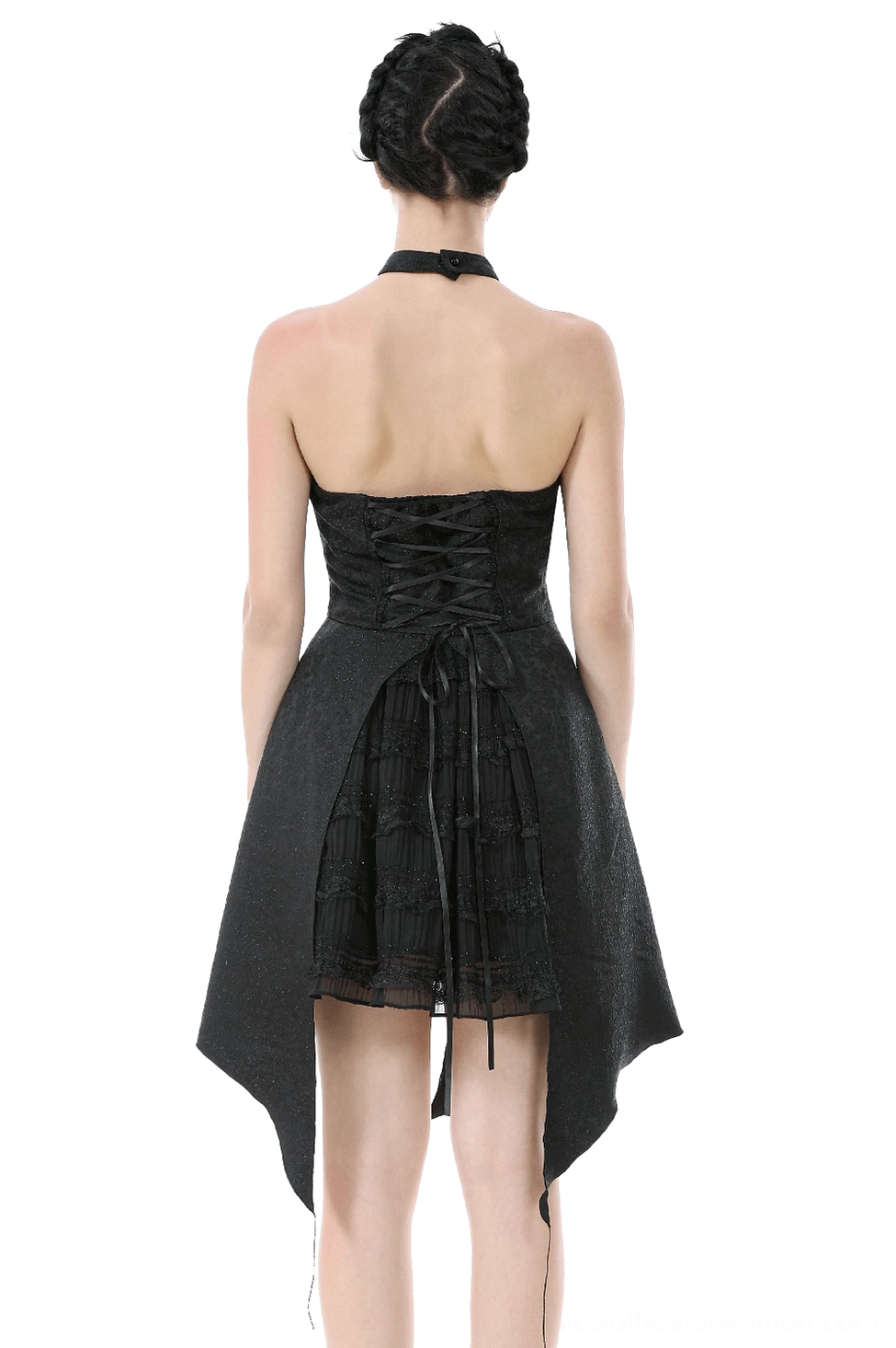 Black gothic halter corset dress with lace-up back closure and open back design, rear view