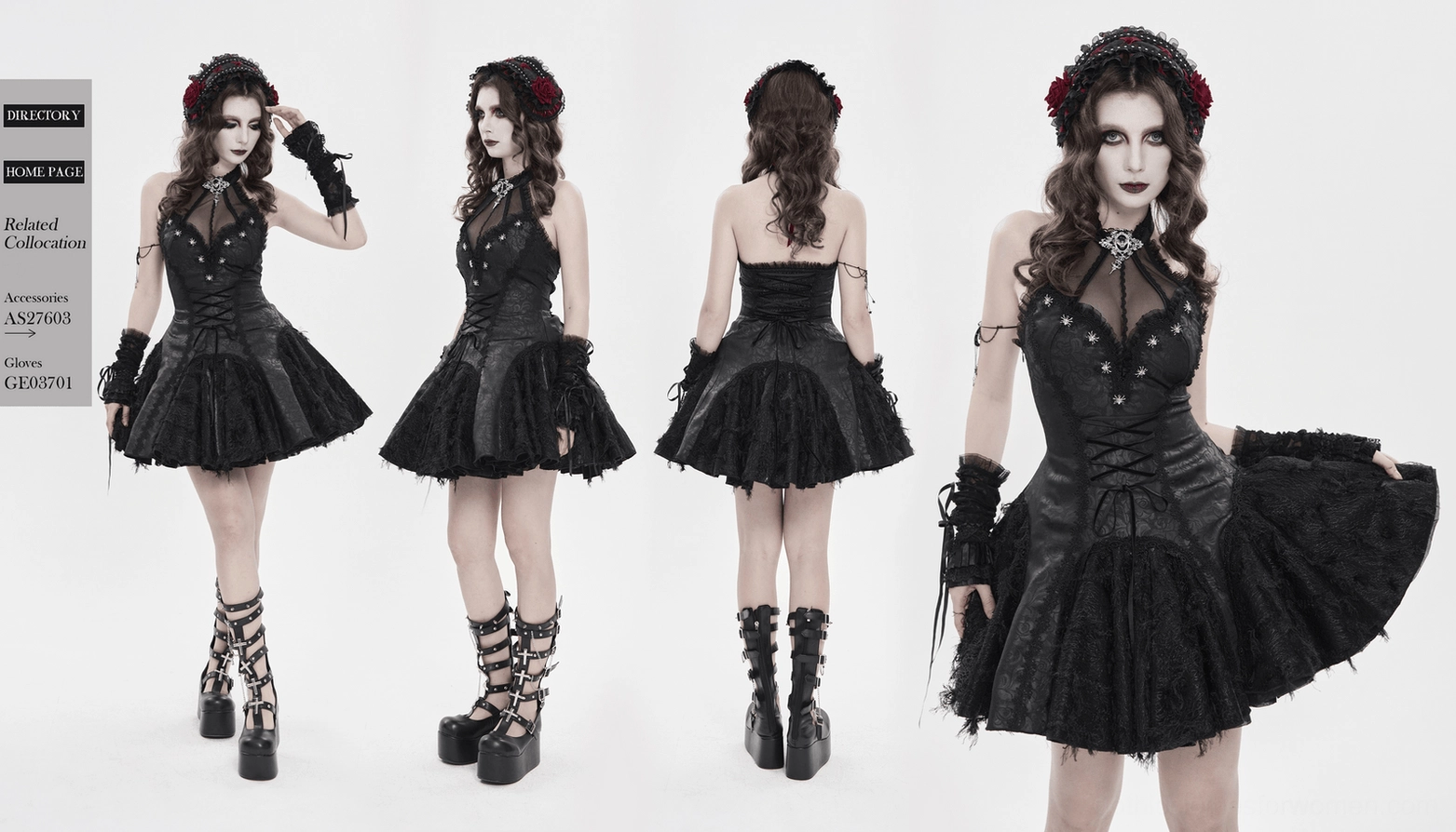 Black gothic halter corset mini dress with vintage gem details and dark romantic lace design