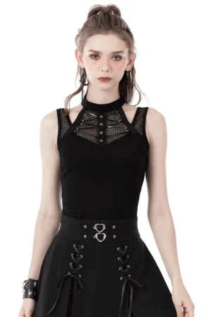Black gothic halter crop top with lace-up mesh front and ribcage cutout, front view on model