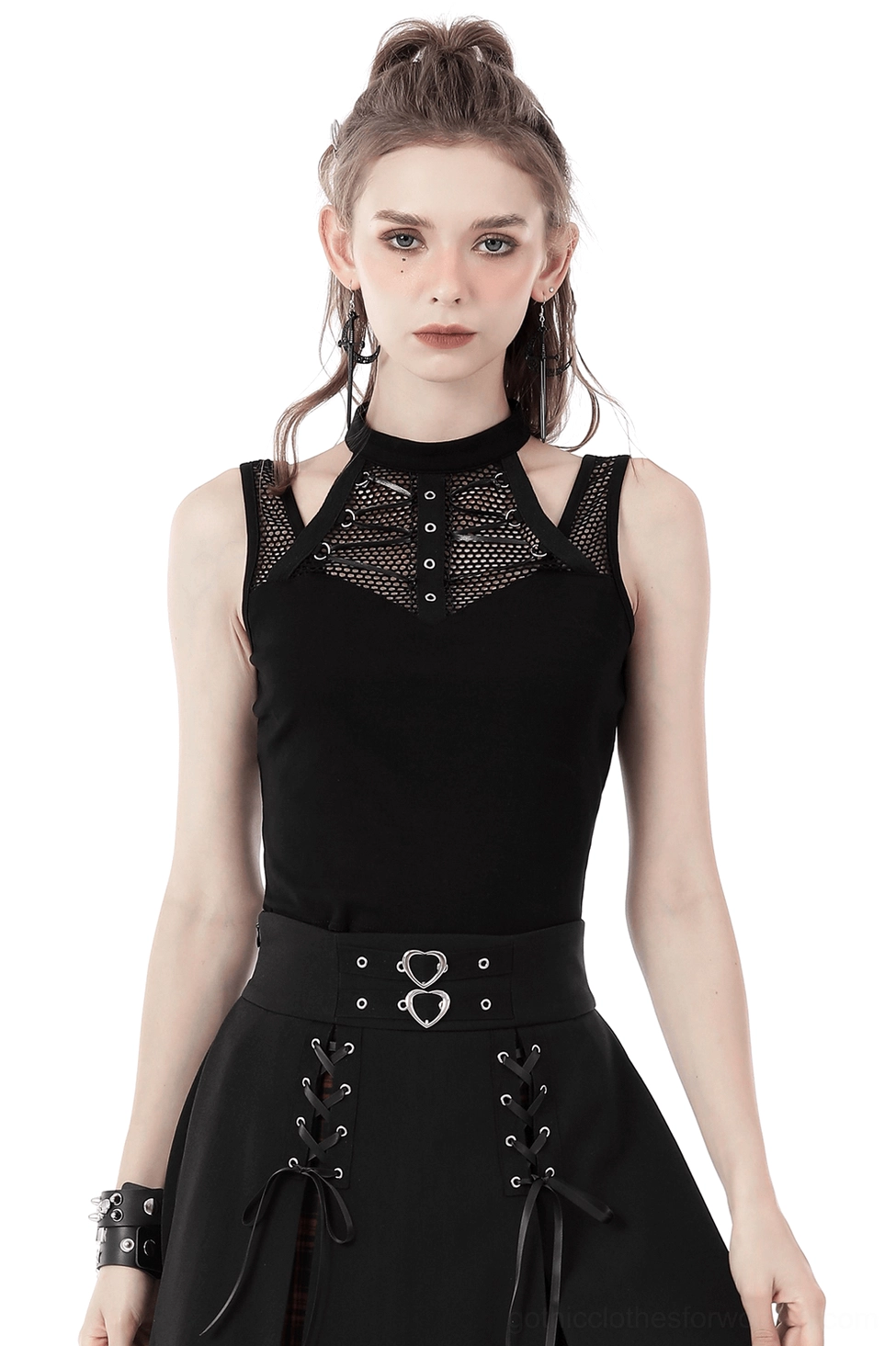 Black gothic halter crop top with lace-up mesh front and ribcage cutout, front view on model