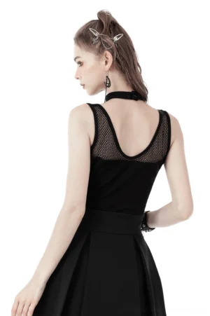 Black gothic mesh halter crop top with U-shaped back ribcage cutout, back view on model