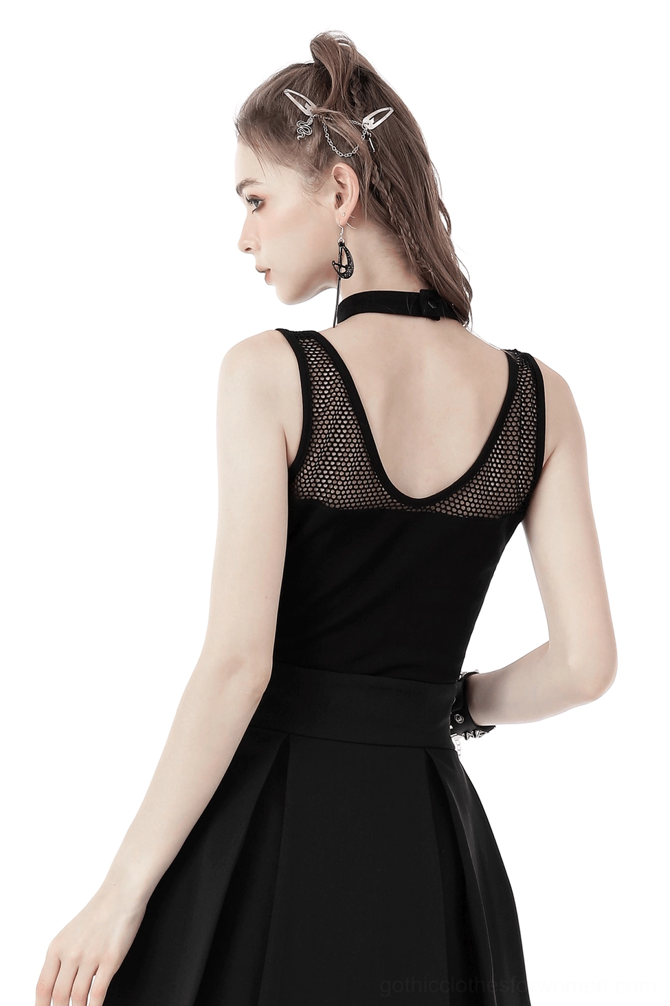 Black gothic mesh halter crop top with U-shaped back ribcage cutout, back view on model