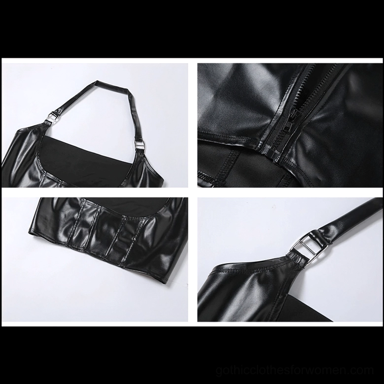 Black gothic halter crop tank top additional angle showing corset construction, buckle hardware placement, and alternative fashion styling details