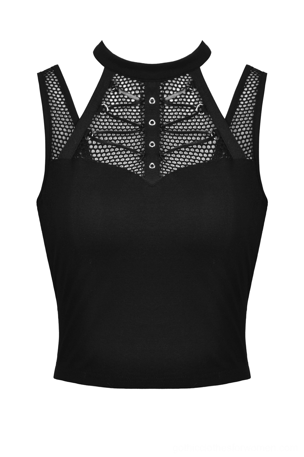 Black gothic halter crop top flat lay front view, lace-up mesh panel detail