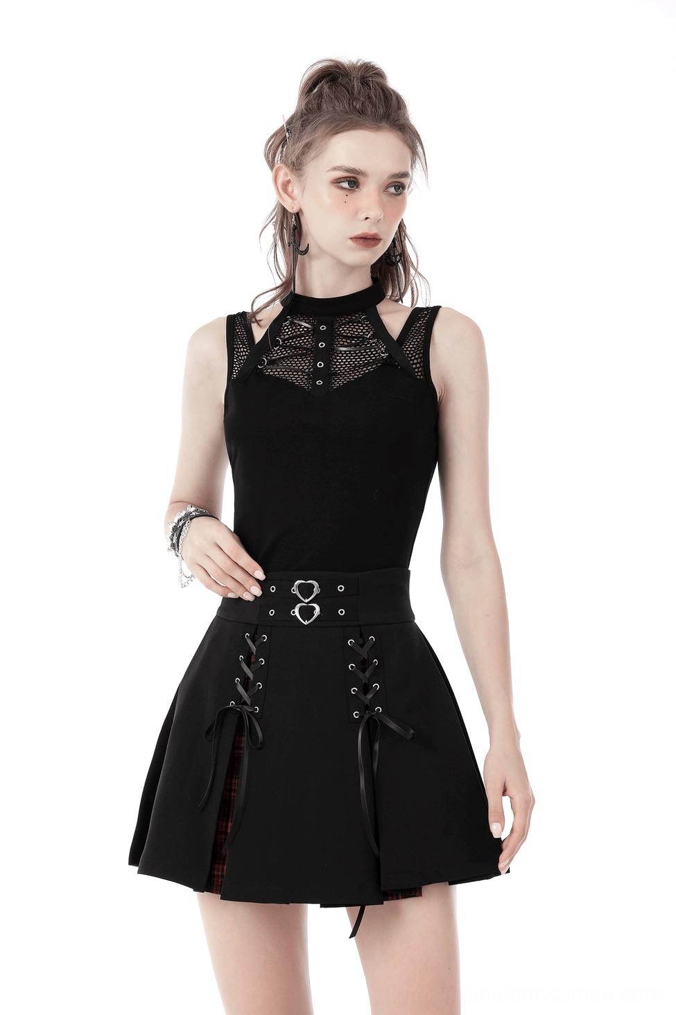 Black gothic halter crop top styled look, alternative fashion outfit pairing suggestion