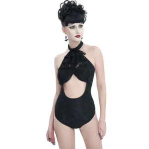 Black gothic halter one-piece swimsuit with lace ruffle bow tie and chest cutout, front view on model
