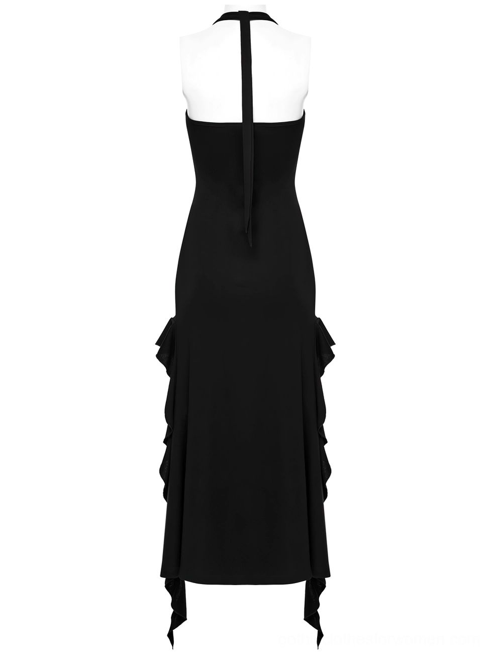 Back mannequin view of black gothic halter mesh dress displaying halter back strap and sleek fitted construction