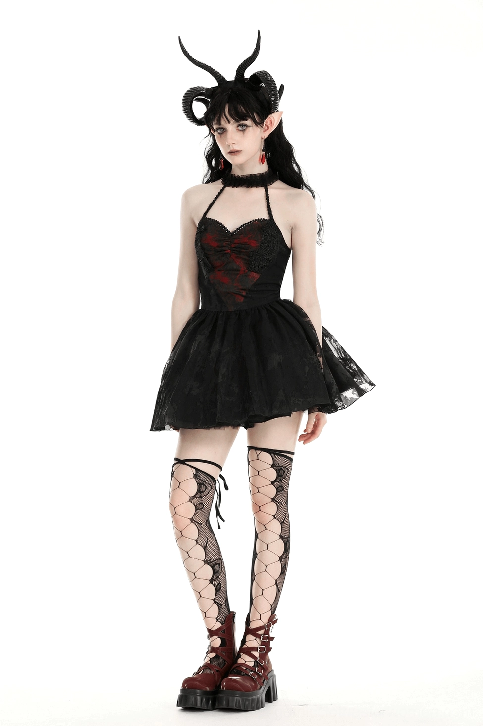 Black gothic halter dress with lace details and tulle skirt - product overview showing key design features and construction quality
