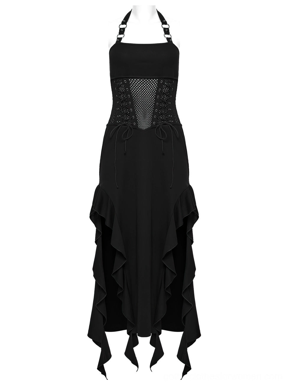 Front mannequin display of black gothic halter mesh dress highlighting halter neck, fishnet panel, and corset lace-up waist