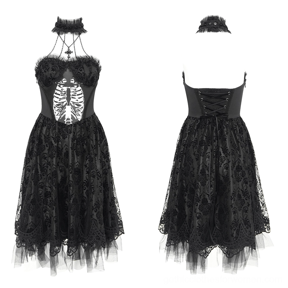 Black gothic halter dress on mannequin front view, displaying anatomical ribcage print and halter choker neckline