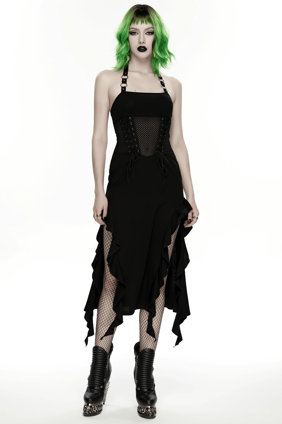 Black gothic halter dress full-body styling shot demonstrating how to wear with gothic accessories and fishnet stockings