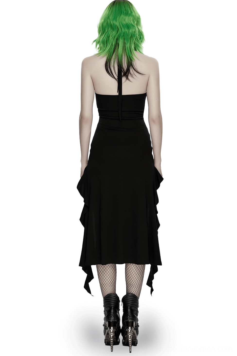 Black gothic halter dress back view displaying exposed halter strap and fitted silhouette with fishnet stockings
