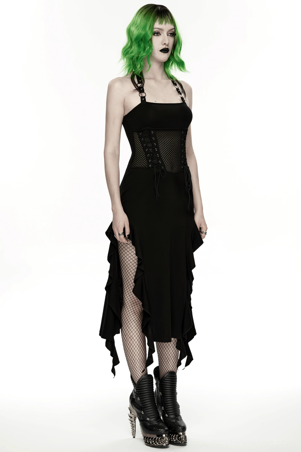Black gothic halter mesh dress main product shot showing all key design elements: halter neck, corset waist, mesh, and ruffled hem
