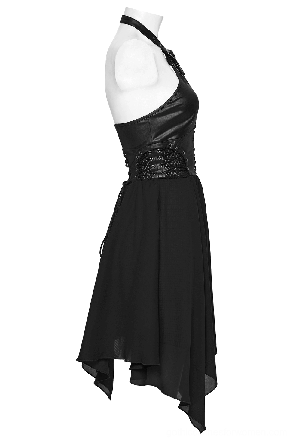 Gothic dress mannequin side angle displaying halter neck design, solid chiffon layered skirt, and dramatic asymmetric hem