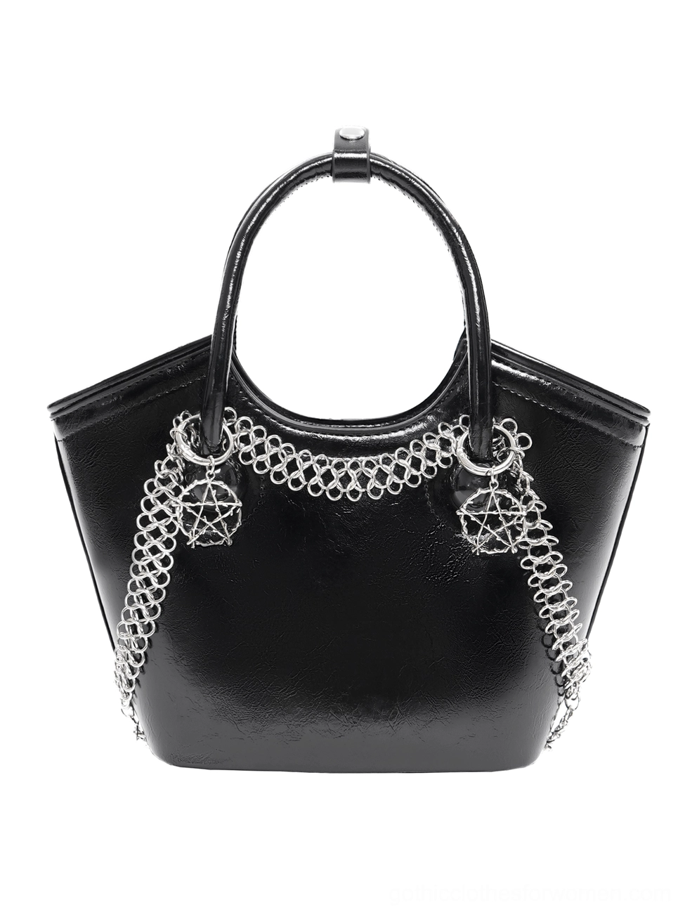 Black gothic handbag with silver pentagram chain trim detail, flat lay front view