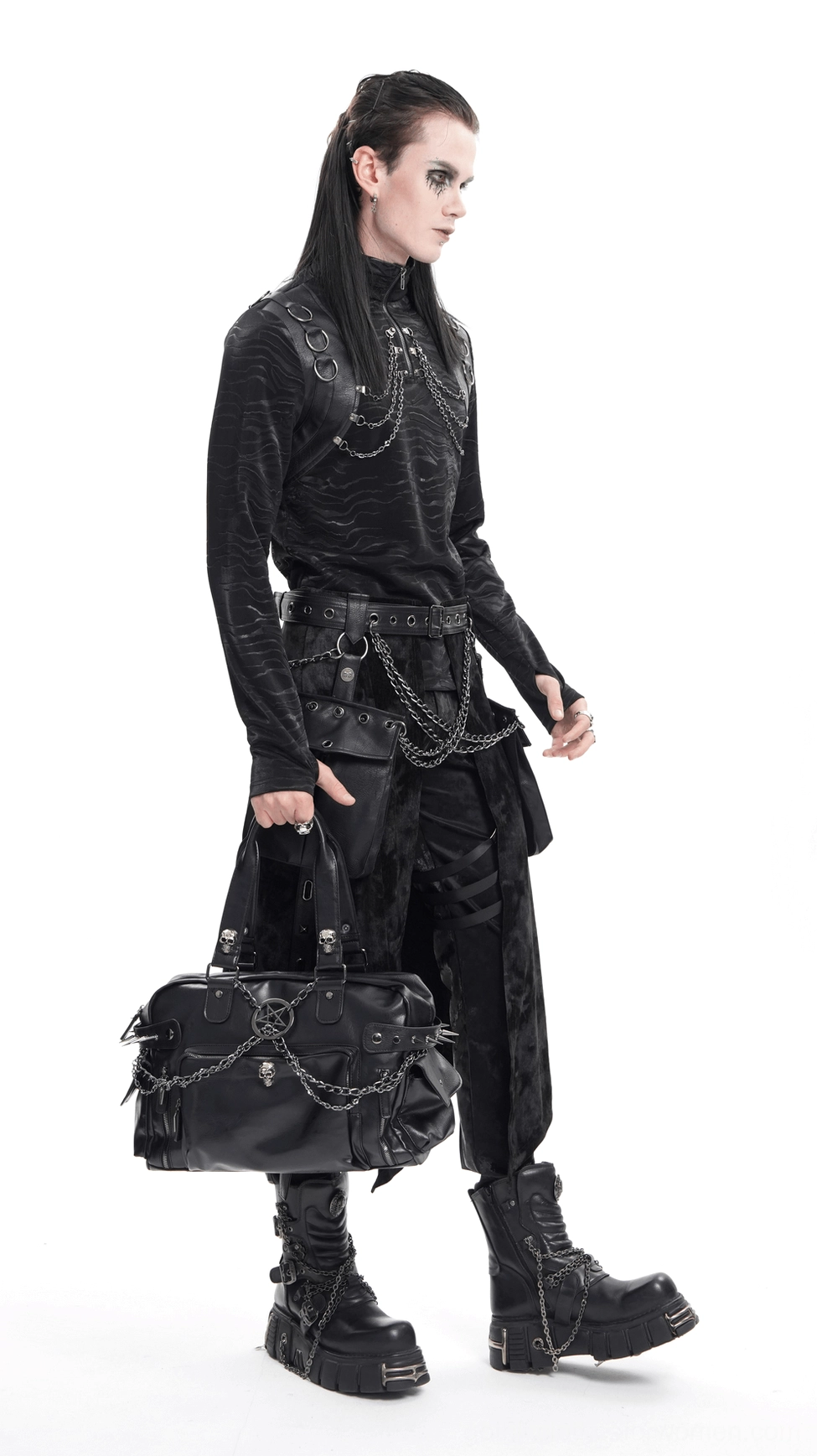Black gothic handbag featuring skull and pentagram hardware, chain accents, and spiked side details in flat view