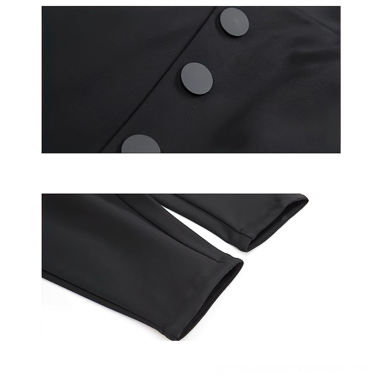Close-up detail of round matte black decorative buttons with stitched seam on gothic harem pants