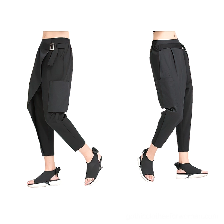 Black gothic harem pants left side profile showing tapered cropped ankle and D-ring waist belt hardware