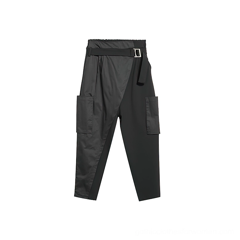 Black gothic harem pants rear right angle displaying elasticated back waist construction and functional cargo pocket placement