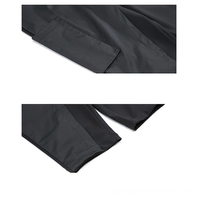 Close-up detail of black gothic harem pants gathered elastic waist band, small side cargo pocket, and smooth broadcloth fabric texture