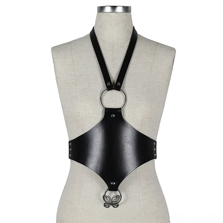 Black faux leather halter harness with butterfly metal pendant on beige dress form