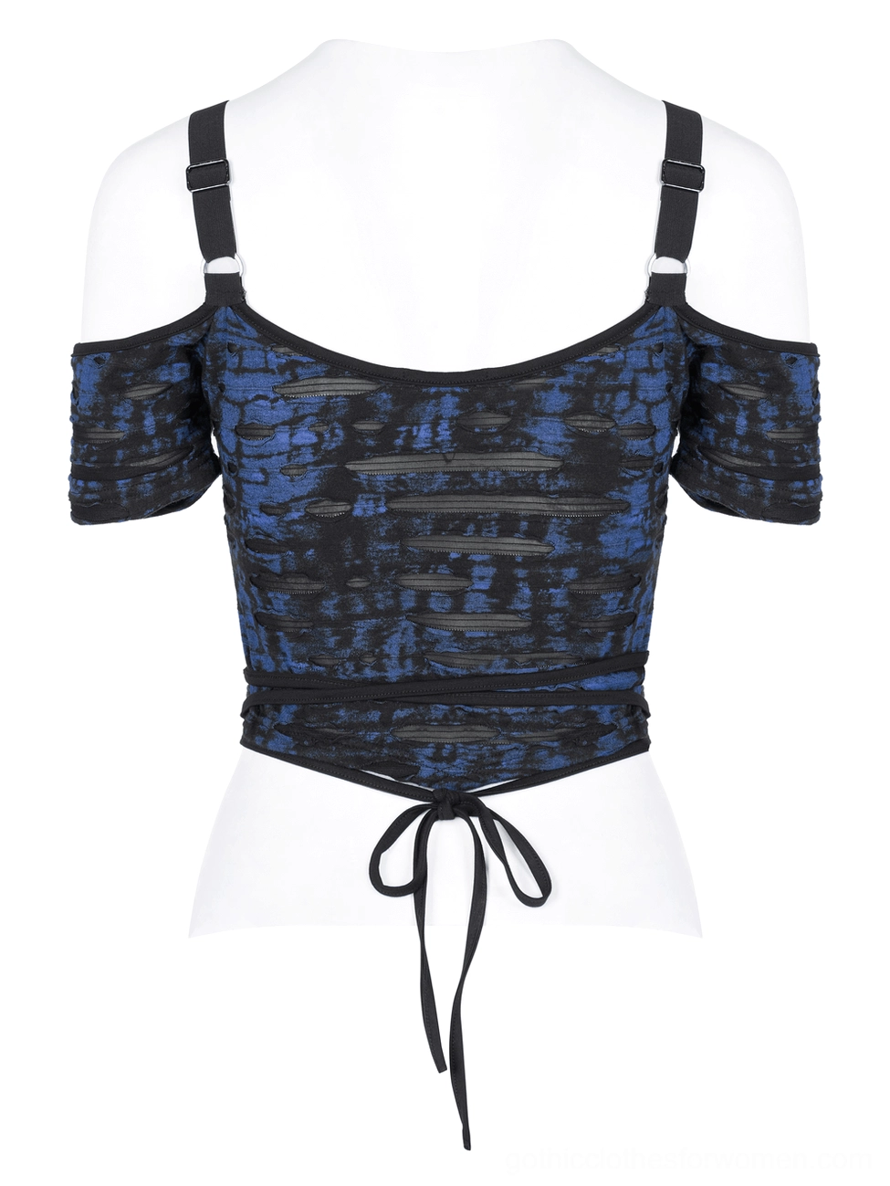 Gothic harness crop tee back three-quarter view on mannequin, adjustable shoulder straps and tie-back waist closure