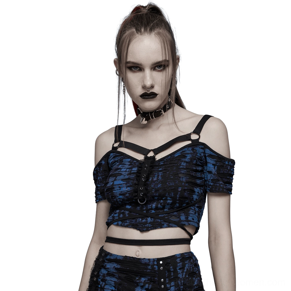 Black gothic harness crop tee front full-body view on model, adjustable shoulder straps and tie-waist rope design, cropped knit hem