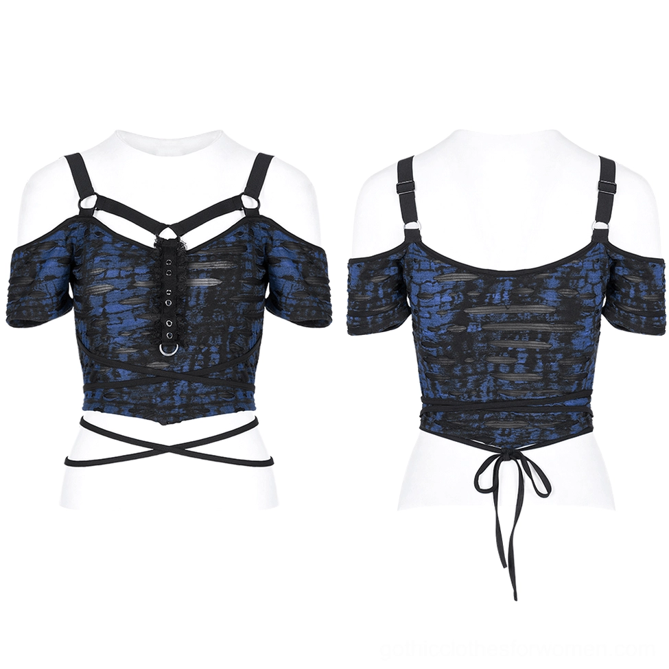 Gothic crop tee display on mannequin, front and back views showing cross harness straps and lace-up design