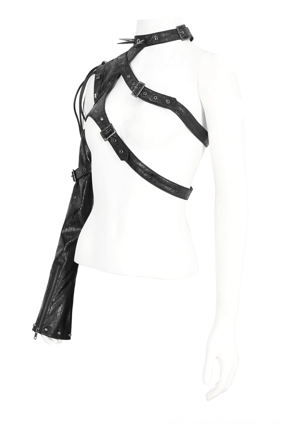 Black faux leather gothic harness front view with multiple buckled straps and studded embellishments