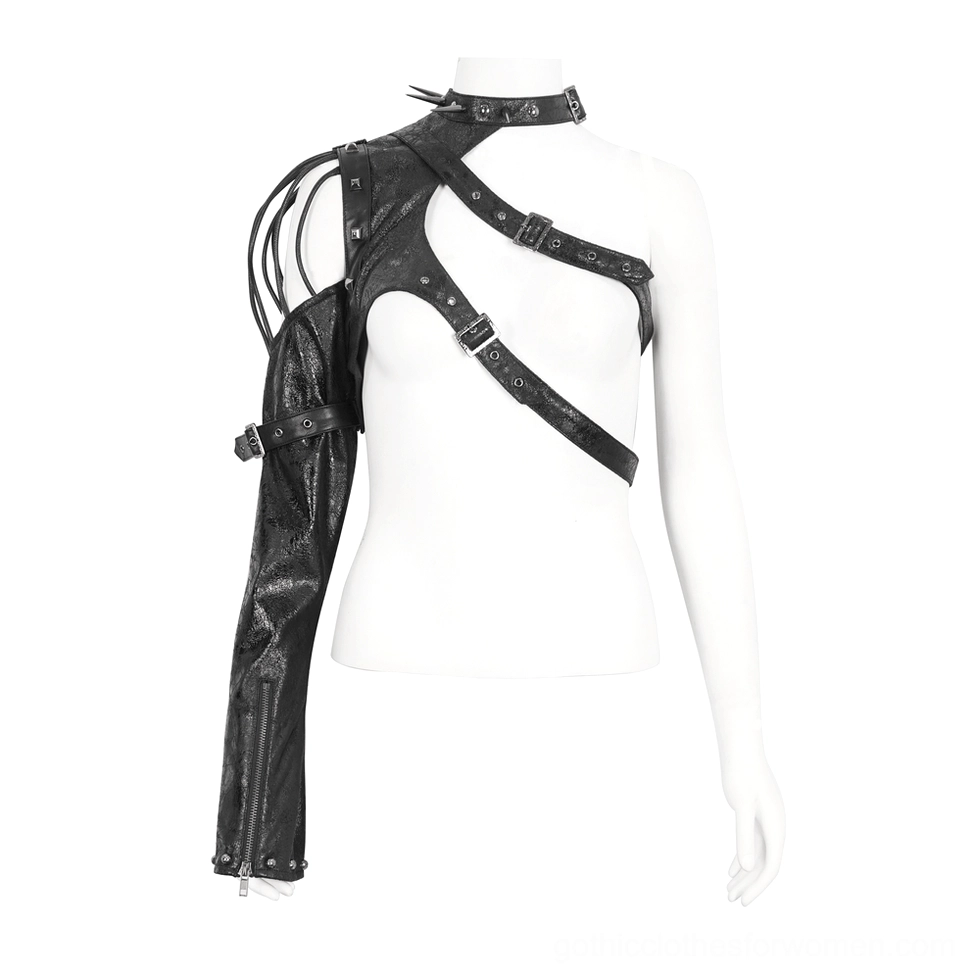 Black faux leather gothic one-shoulder harness on white mannequin with buckled choker and asymmetrical sleeve