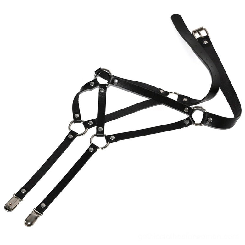 Black gothic body harness side flat lay view, showing metal rings, clip straps, and synthetic leather construction detail