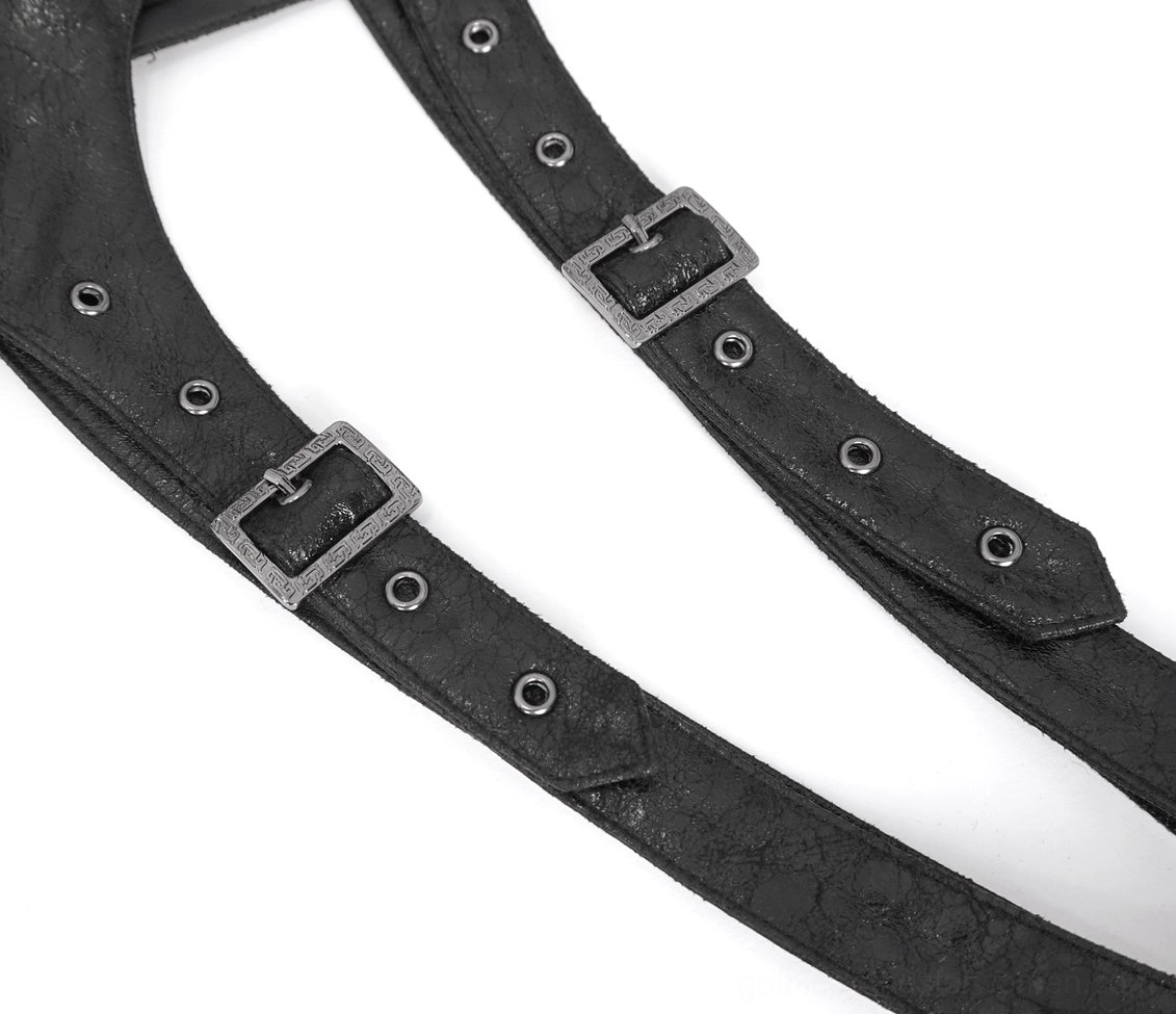 Black gothic one-shoulder harness with studded details and industrial buckle system for alternative fashion